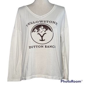 Yellowstone Dutton Ranch White Long Sleeve T-Shirt Brown Spellout Womens Size S